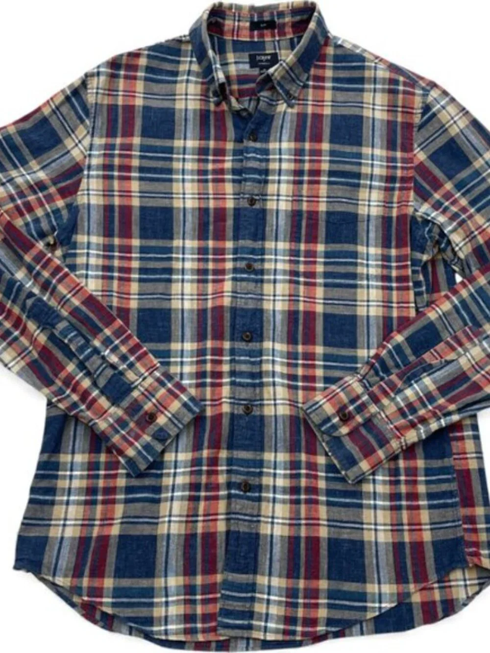 J. Crew Slim Plaid Cotton Button Down Red Blue Casual Dress Shirt Men's M